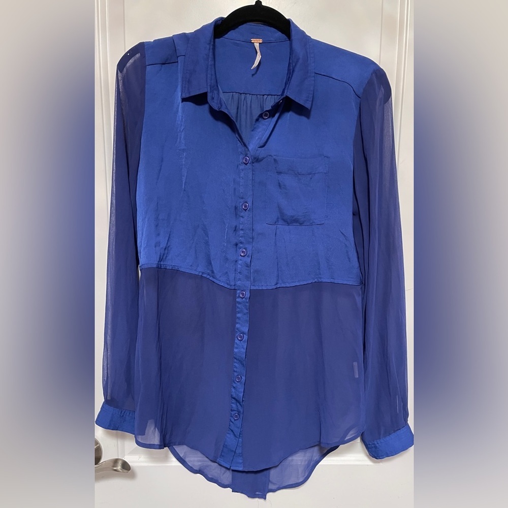 Free People Sheer Button Front Blouse Blue Boho Casual Top Coastal Small Petite